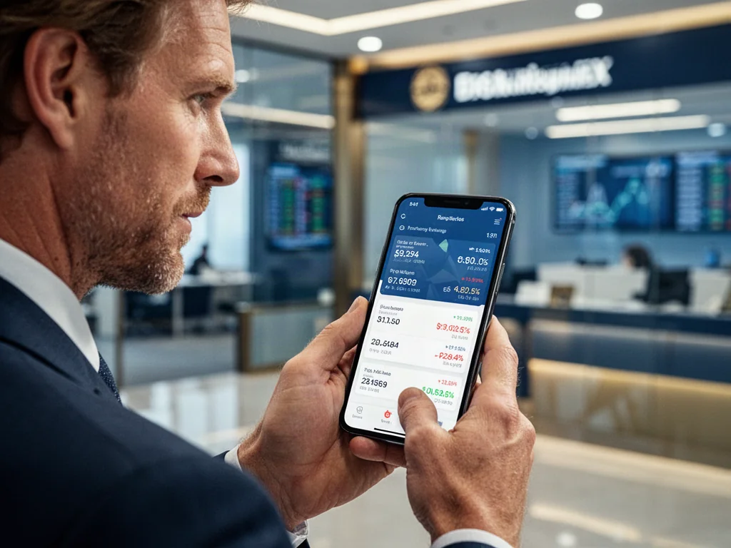 Mężczyzna trzymający smartfon z aplikacją do wymiany walut na tle nowoczesnego biura finansowego.