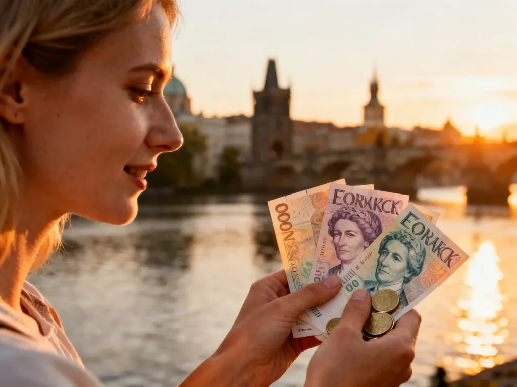 Kobieta trzymająca czeskie korony na tle Mostu Karola w Pradze o zachodzie słońca.