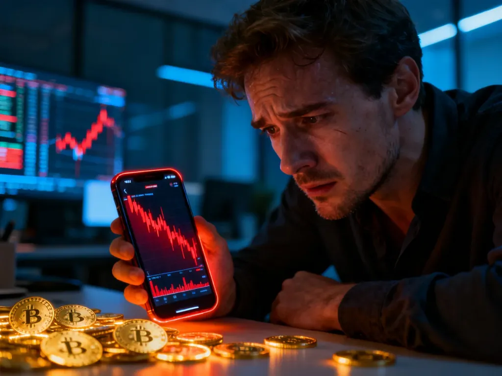Zaniepokojony mężczyzna patrzący na spadające wykresy kryptowalut na smartfonie w nowoczesnym biurze.