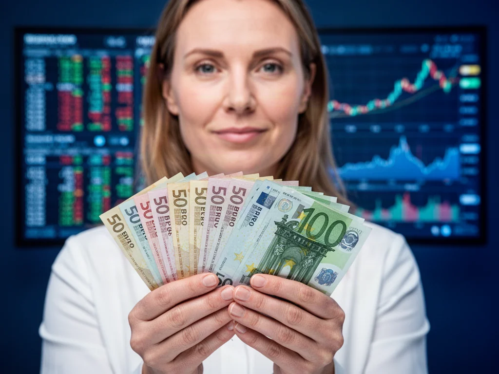 Kobieta trzymająca w dłoniach plik banknotów o nominale 50 euro na tle cyfrowych wykresów giełdowych.