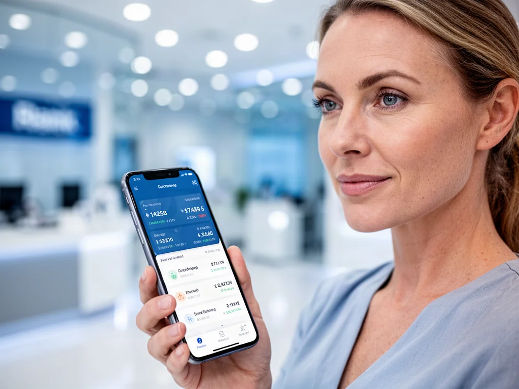 Kobieta trzymająca smartfon z aplikacją do przeliczania walut na tle nowoczesnego wnętrza banku.