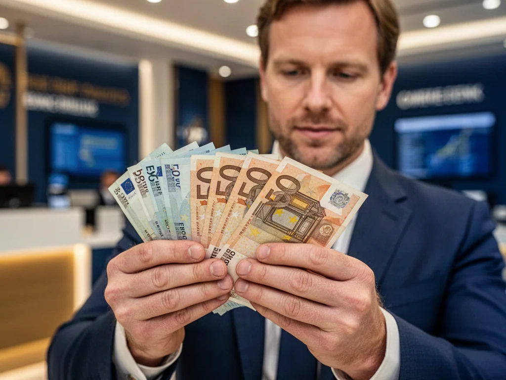 Mężczyzna przelicza plik banknotów euro w profesjonalnym biurze, co ilustruje temat wymiany walut.