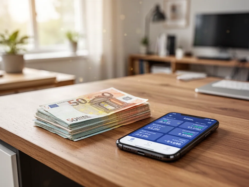 Stos euro na drewnianym biurku obok smartfona z aplikacją do przeliczania walut w domowym biurze.
