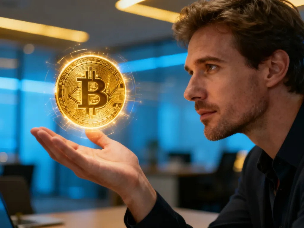 Mężczyzna z zainteresowaniem przygląda się cyfrowej monecie unoszącej się nad jego dłonią, symbolizując technologię kryptowalut.