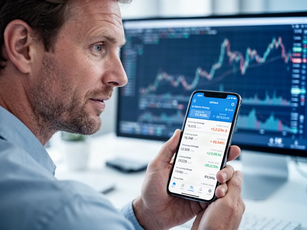 Mężczyzna trzymający smartfon z aplikacją do przeliczania walut na tle wykresów finansowych.