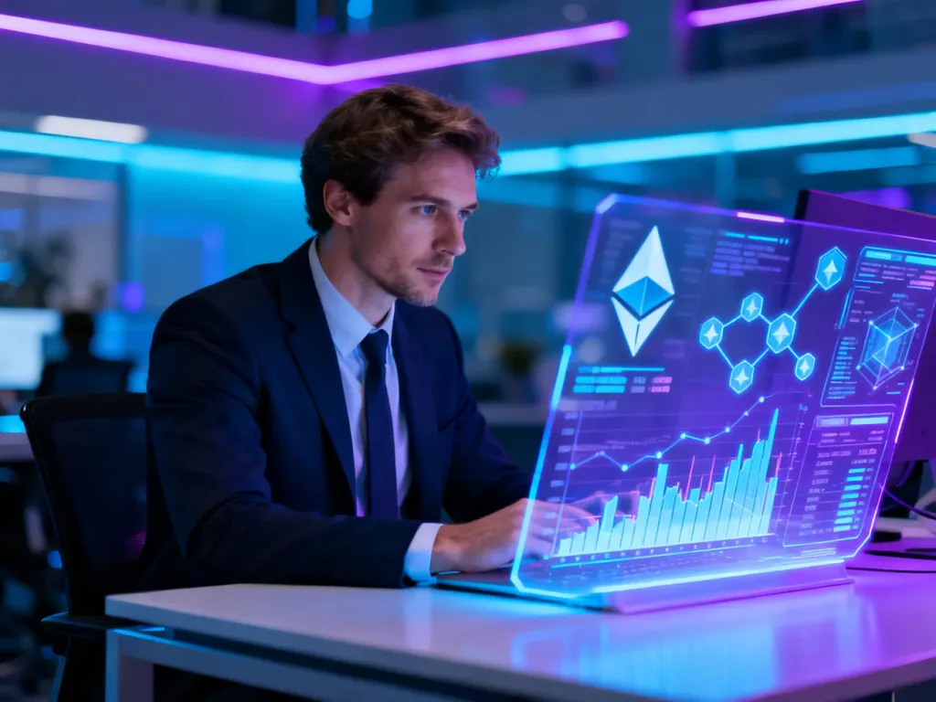 Mężczyzna analizujący holograficzne wykresy i węzły sieci Ethereum w nowoczesnym biurze.