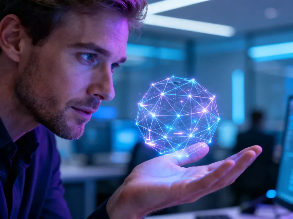 Mężczyzna patrzący na świeącą, holograficzną sieć cyfrową, symbolizującą nowoczesną technologię blockchain Solana.