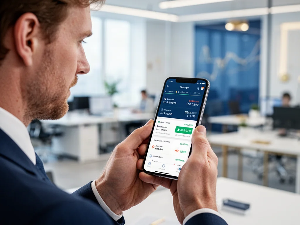 Mężczyzna trzymający smartfon z aplikacją do przeliczania walut w nowoczesnym biurze.