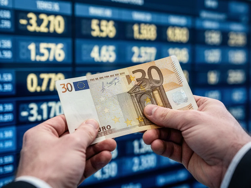 Dłonie trzymające banknot euro na tle rozmytej tablicy kursów walut, symbolizujące wymianę pieniędzy.