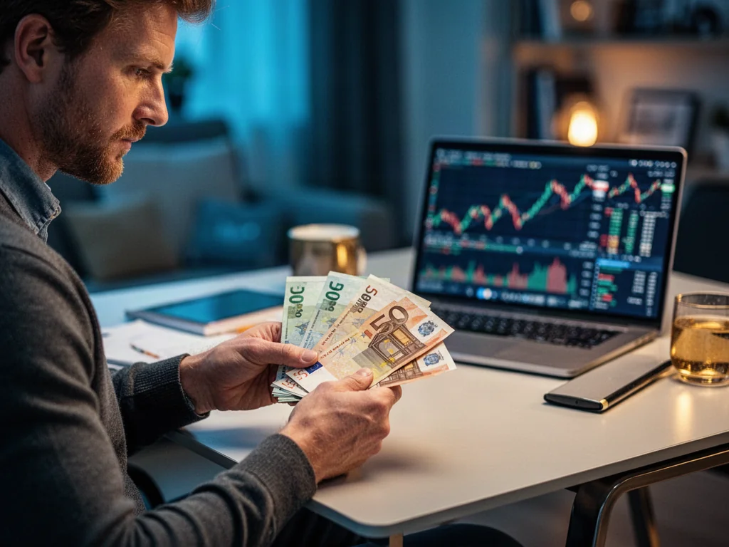 Mężczyzna przelicza banknoty euro przy biurku z laptopem wyświetlającym wykresy finansowe.