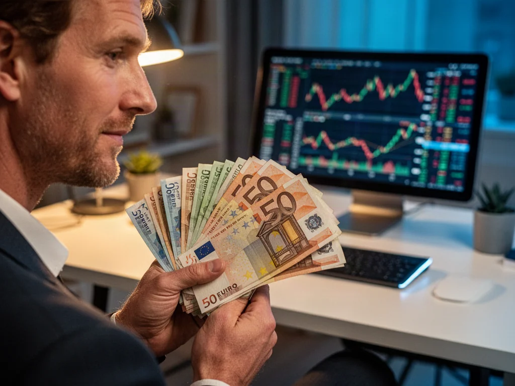Mężczyzna trzymający w dłoni plik banknotów euro na tle wykresów walutowych na tablecie.