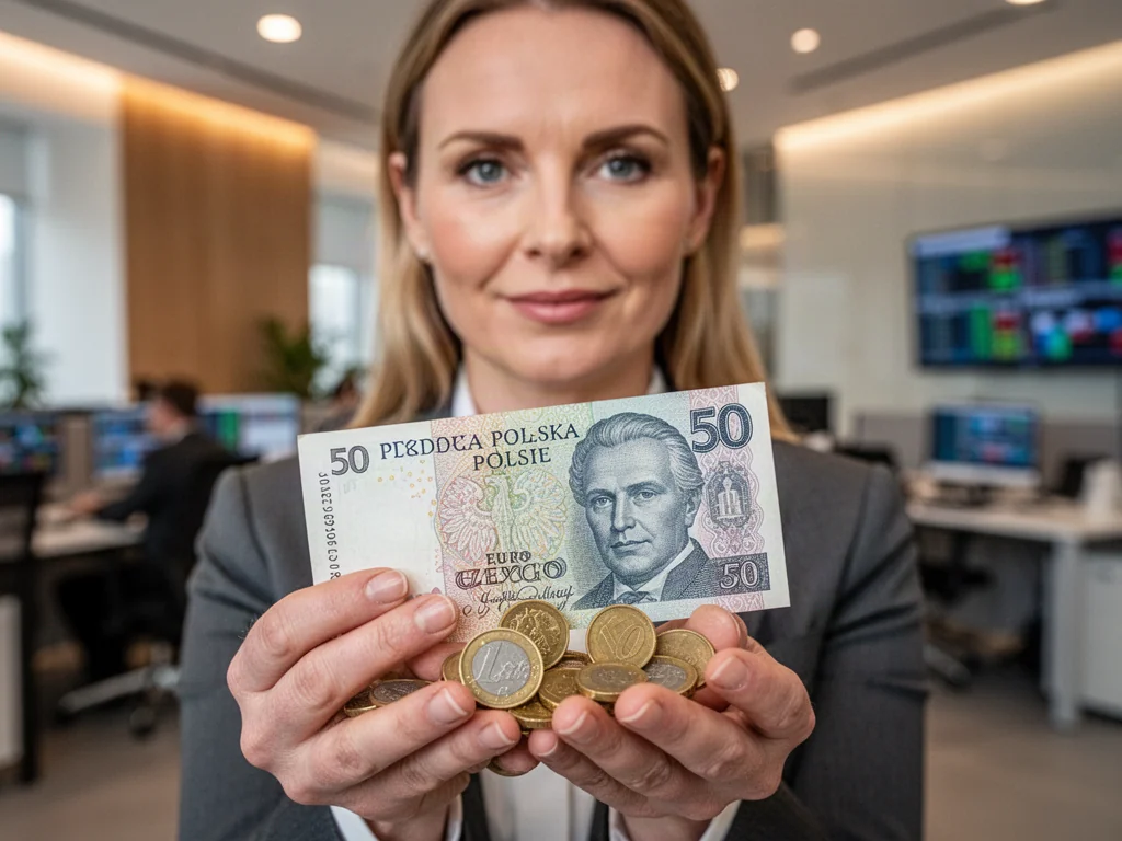 Kobieta trzymająca w dłoniach banknot 50 złotych oraz monety euro, symbolizująca wymianę walut.