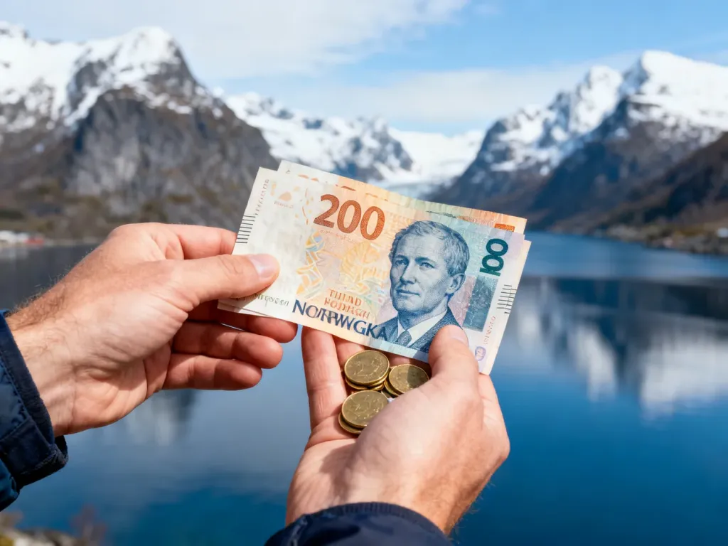 Dłonie trzymające norweskie korony na tle malowniczego fiordu i ośnieżonych gór.