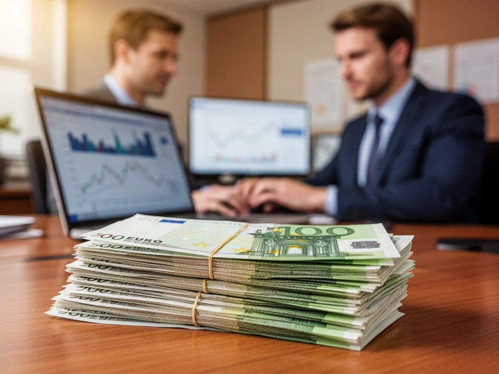 Stos banknotów euro na biurku obok osoby analizującej wykresy finansowe na laptopie.
