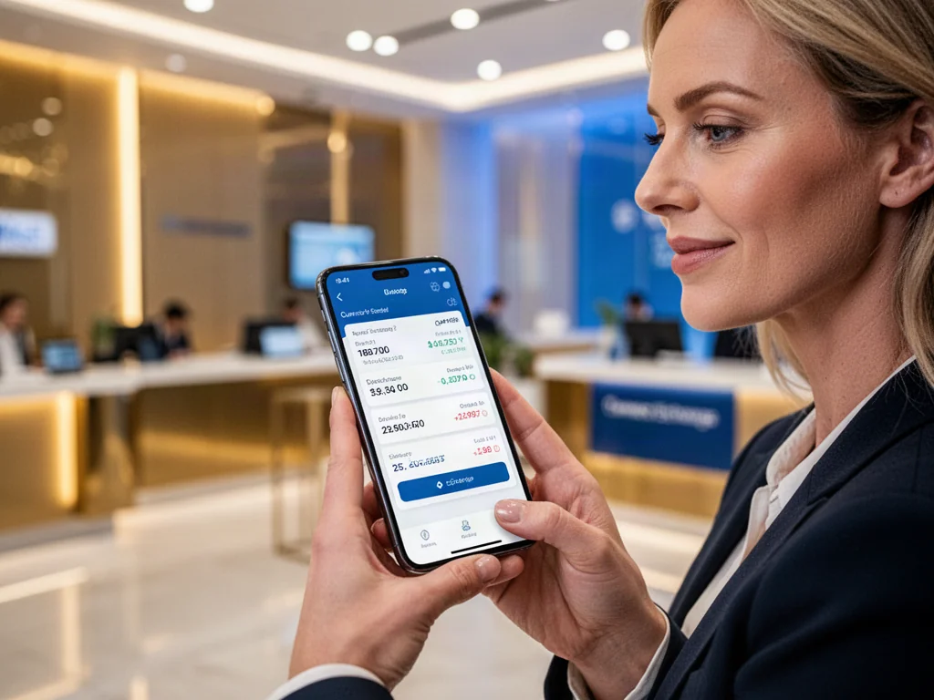 Kobieta sprawdza kurs walut w aplikacji na smartfonie w nowoczesnym wnętrzu banku.