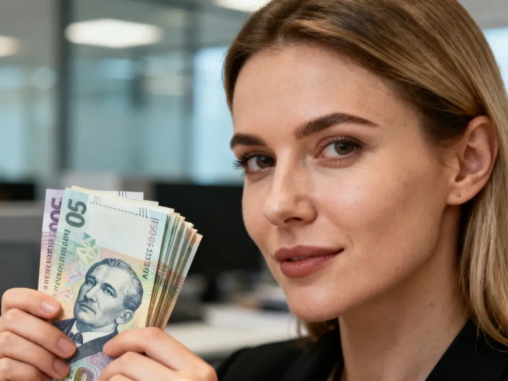 Kobieta trzymająca w dłoniach plik banknotów rumuńskiej waluty lej (RON) na tle nowoczesnego biura finansowego.