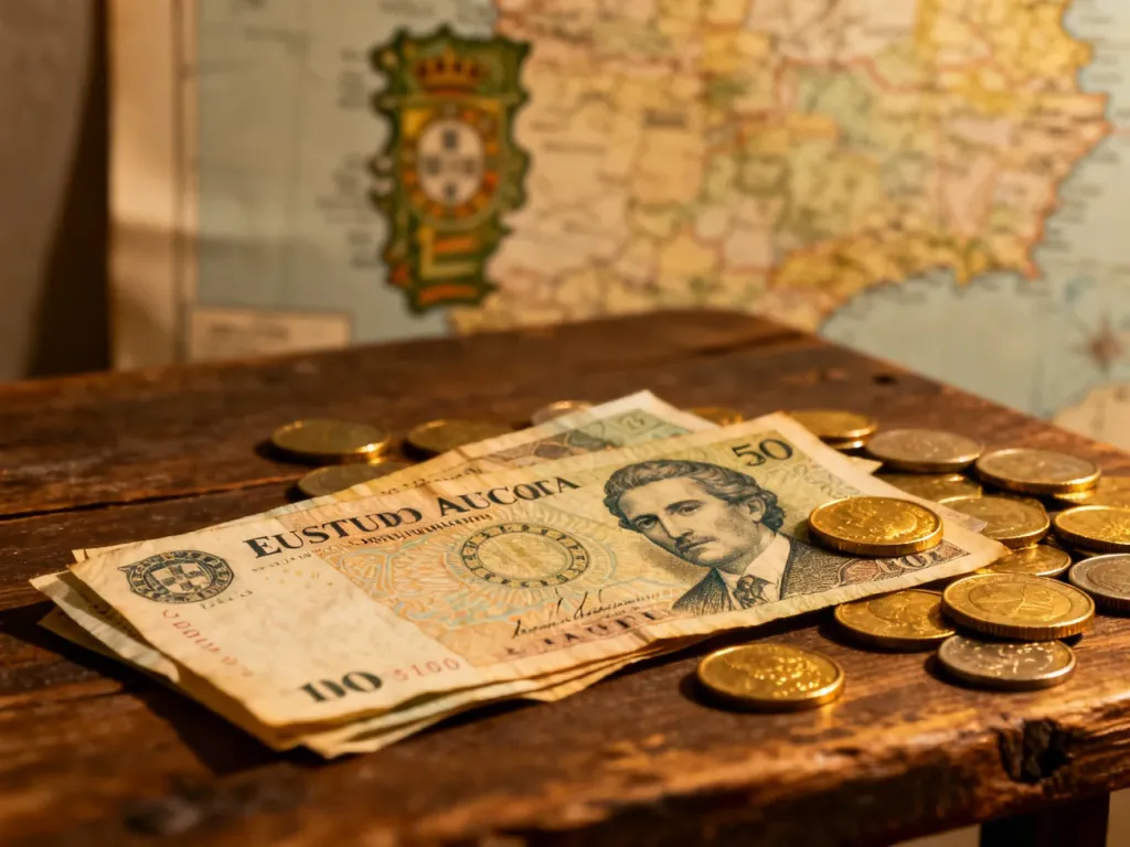 Stare portugalskie banknoty i monety escudo rozłożone na drewnianym stole na tle zabytkowej mapy Portugalii.