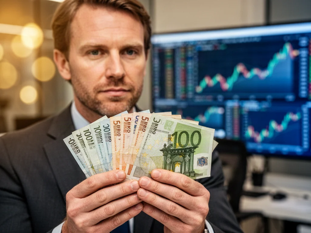 Mężczyzna trzymający w dłoniach plik banknotów euro na tle biura z wykresami finansowymi.