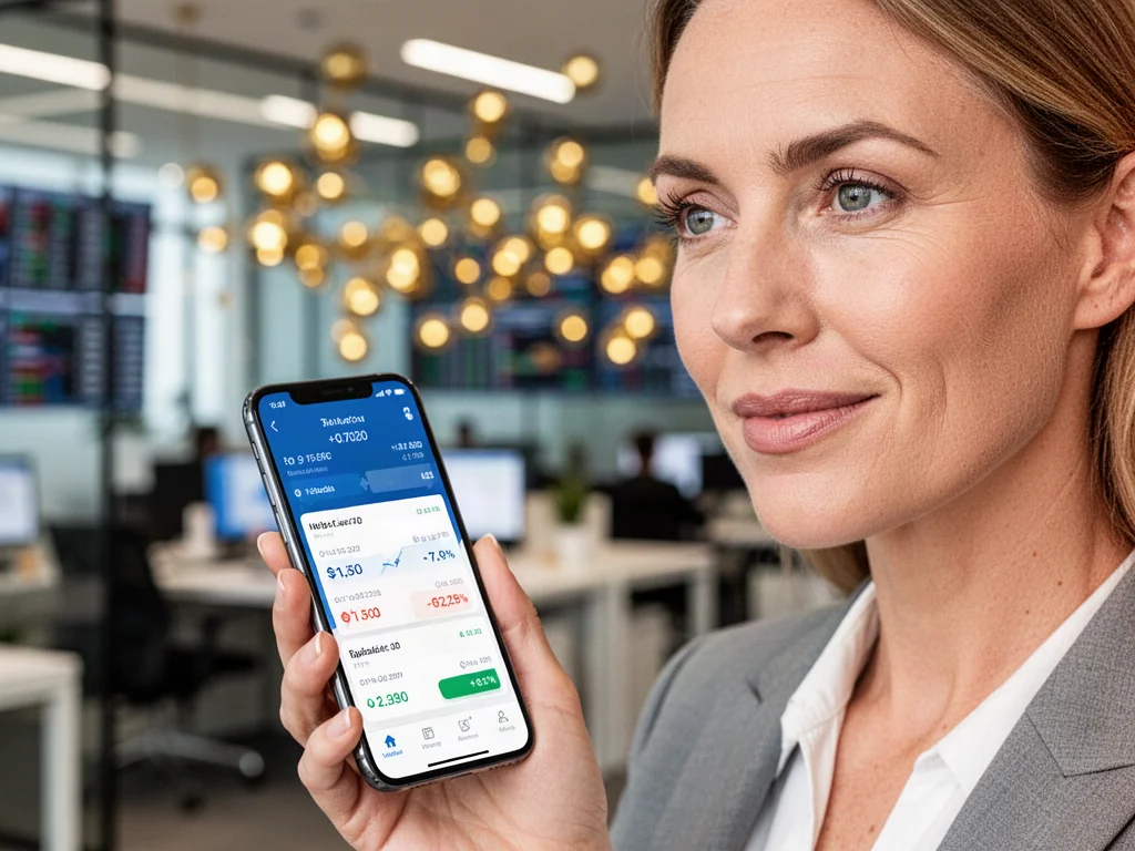 Kobieta trzymająca smartfon z aplikacją do przeliczania walut na tle nowoczesnego biura.