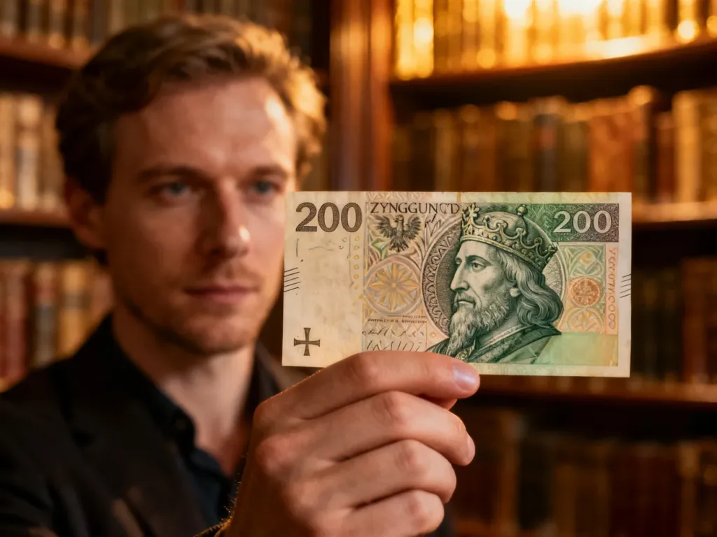 Zbliżenie na banknot 200 zł z wizerunkiem króla Zygmunta I Starego, trzymany w dłoni na tle biblioteki.