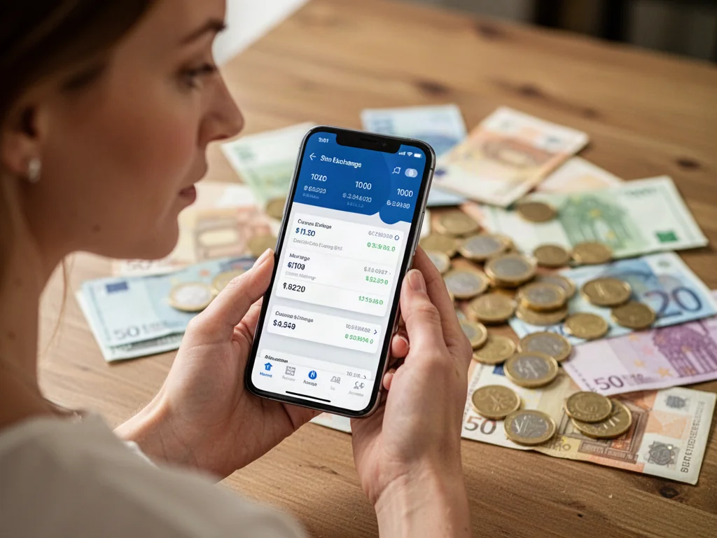 Kobieta trzymająca smartfon z aplikacją do przeliczania walut na tle europejskich monet i banknotów.