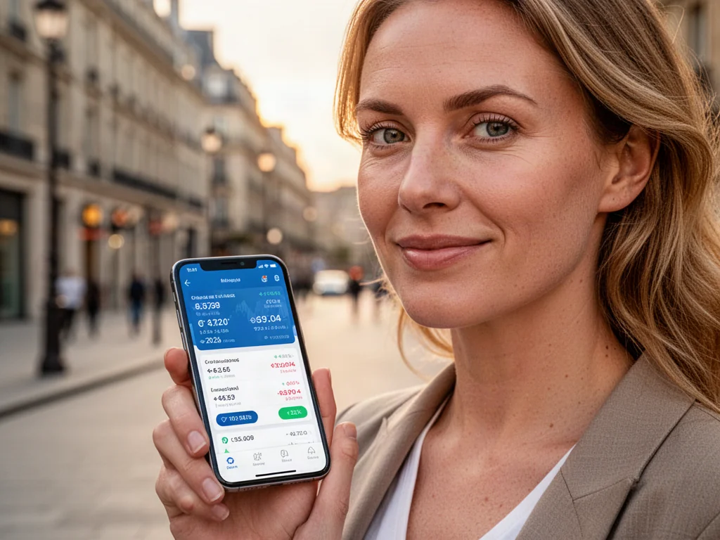 Kobieta trzymająca smartfon z aplikacją do przeliczania walut na tle europejskiego miasta w świetle zachodzącego słońca.
