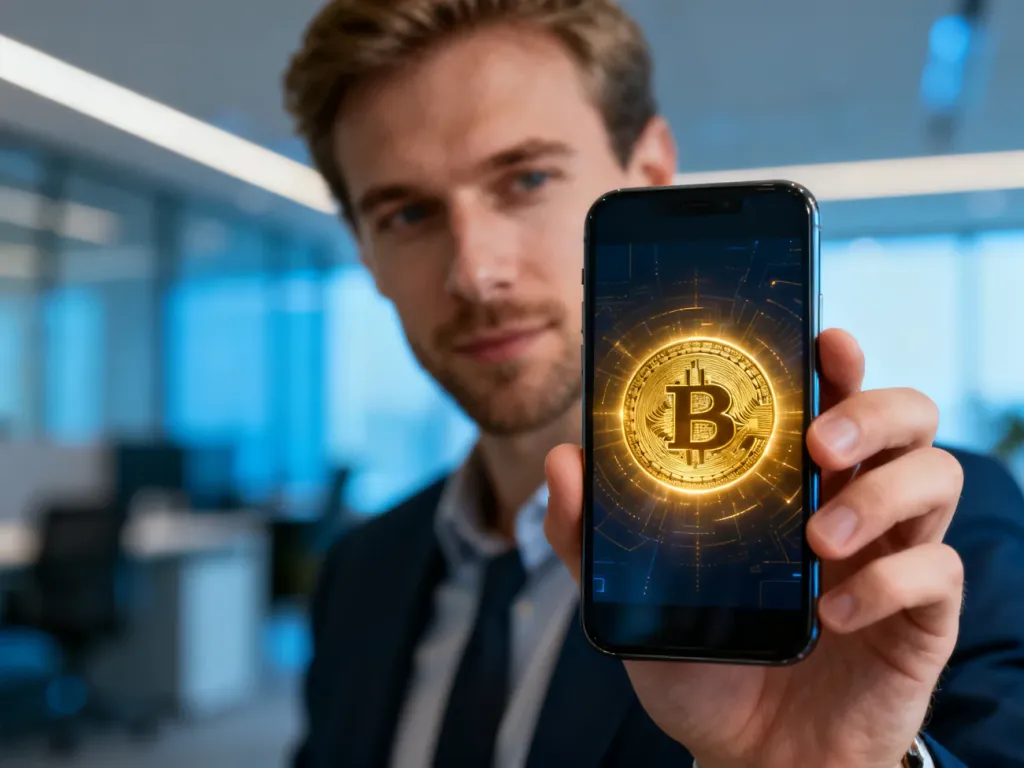 Mężczyzna trzymający smartfon z ikoną cyfrowej monety, symbolizujący nowoczesne finanse i inwestycje w kryptowaluty.