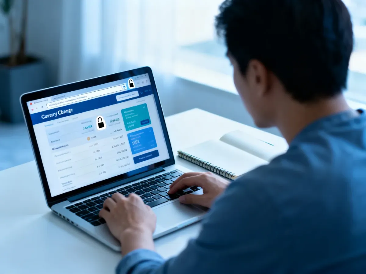 Osoba sprawdzająca bezpieczeństwo kantoru internetowego na laptopie