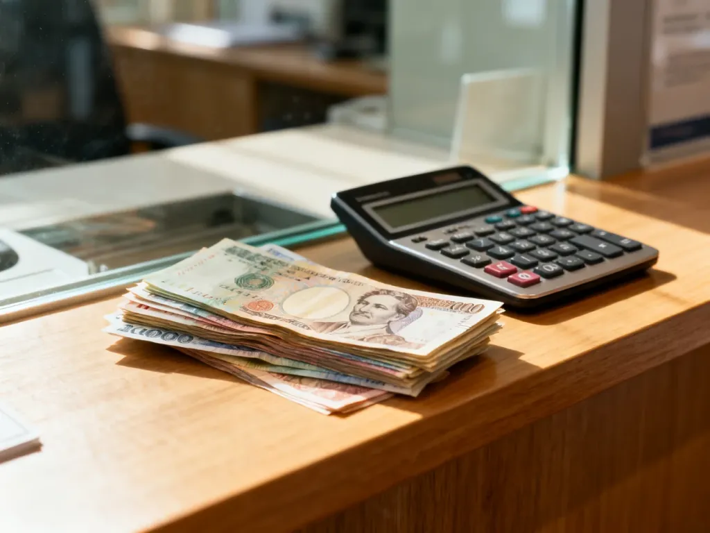 Stos banknotów różnych walut i kalkulator na ladzie kantoru, symbolizujące profesjonalną wymianę pieniędzy.