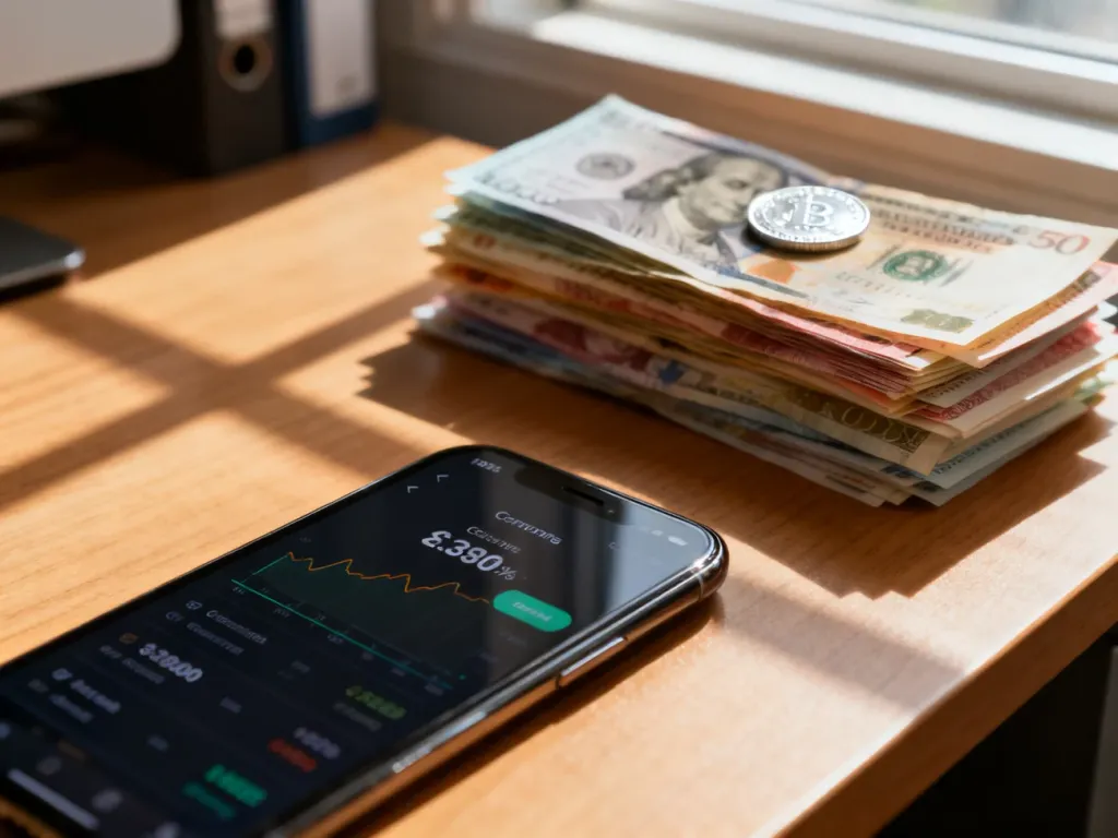 Smartfon z aplikacją do wymiany walut na biurku, w tle stos banknotów i moneta symbolizujące zarządzanie finansami.