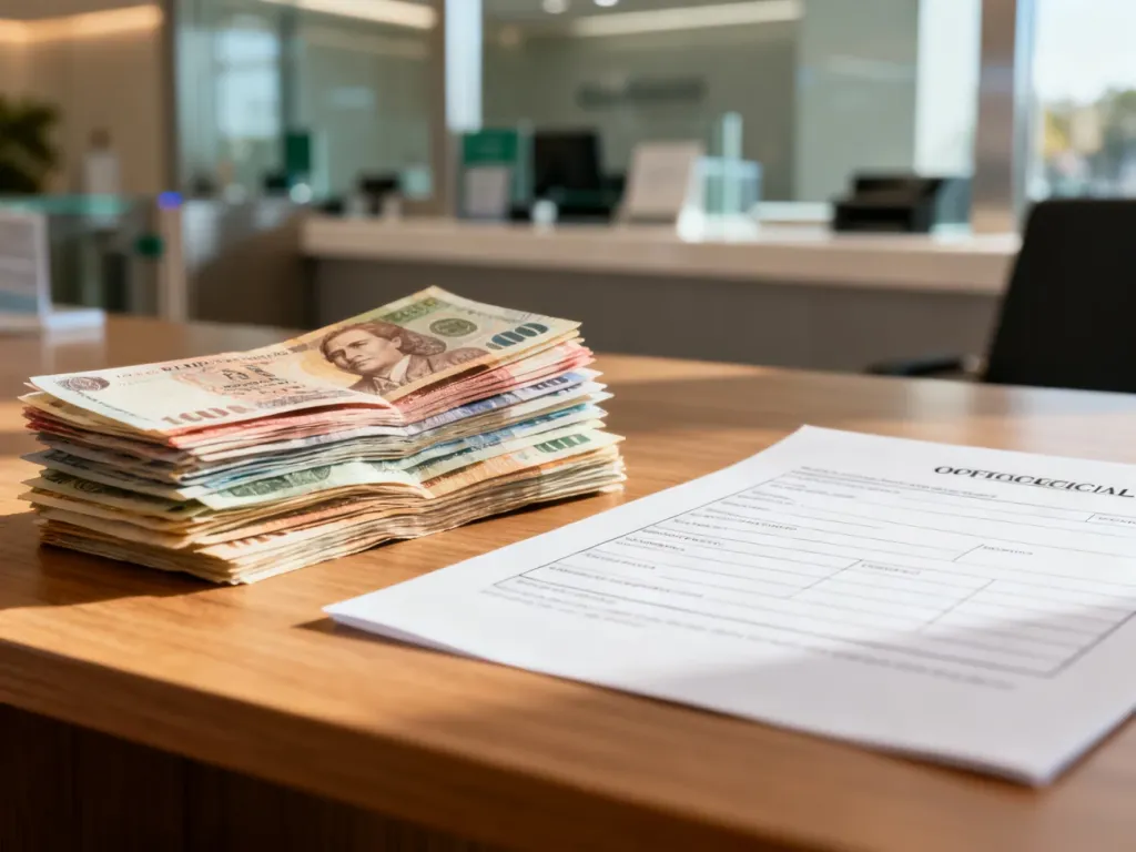 Stos różnych banknotów i pusty formularz na drewnianym biurku w tle banku, symbolizujące proces wymiany walut.