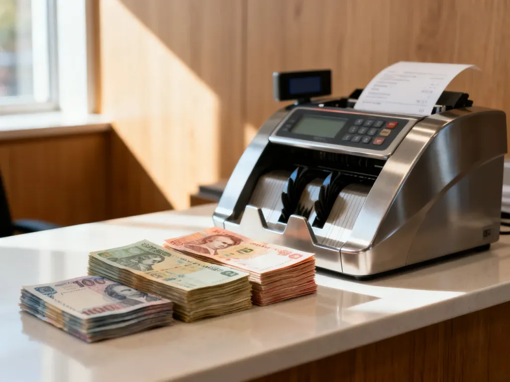 Nowoczesne stanowisko w kantorze z plikiem banknotów i drukarką fiskalną, podkreślające profesjonalizm obsługi.
