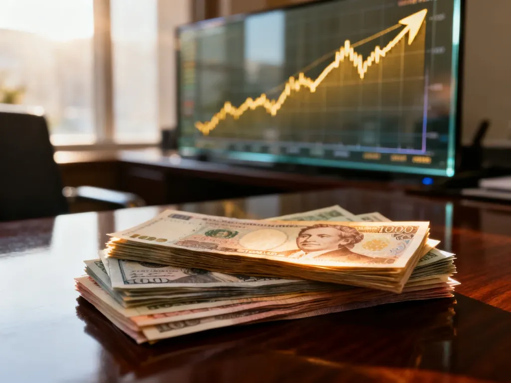 Stos banknotów różnych walut na ciemnym biurku na tle wykresu giełdowego, symbolizujący światowe rynki finansowe.