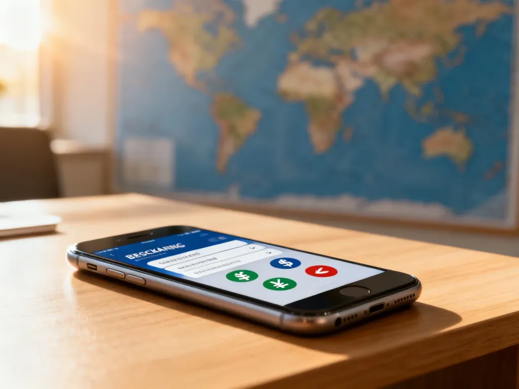 Smartfon z otwartą aplikacją bankową do wymiany walut na tle mapy świata, symbolizujący wygodne przelewy międzynarodowe.