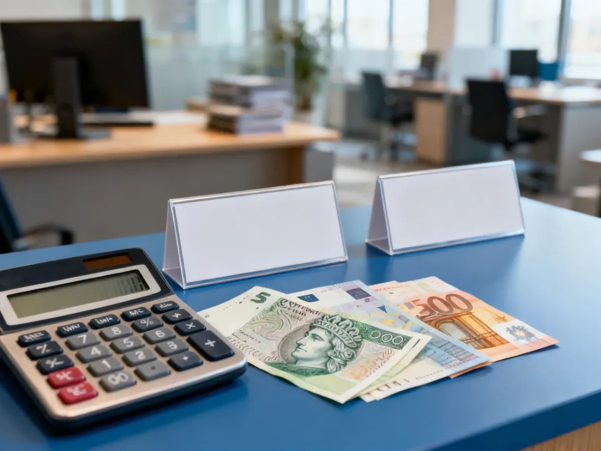 Kalkulator i banknoty euro oraz złotówki przy stanowisku wymiany walut
