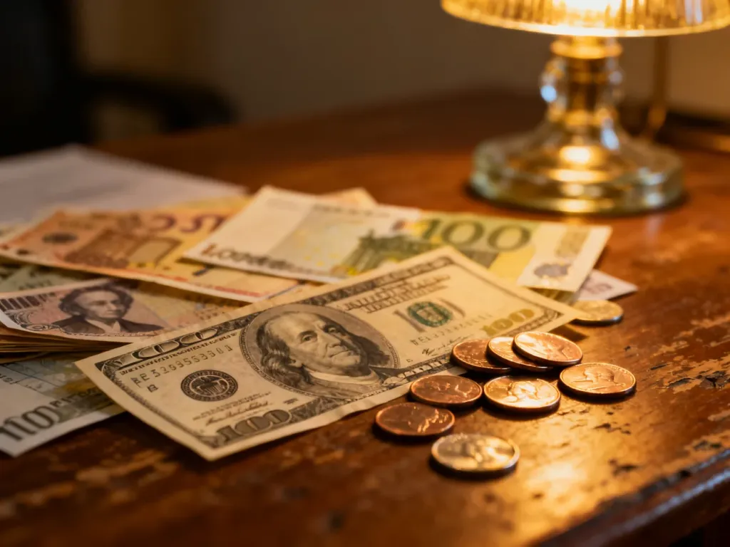 Różnorodne banknoty i monety walut zagranicznych leżące na drewnianym biurku w ciepłym świetle lampy.