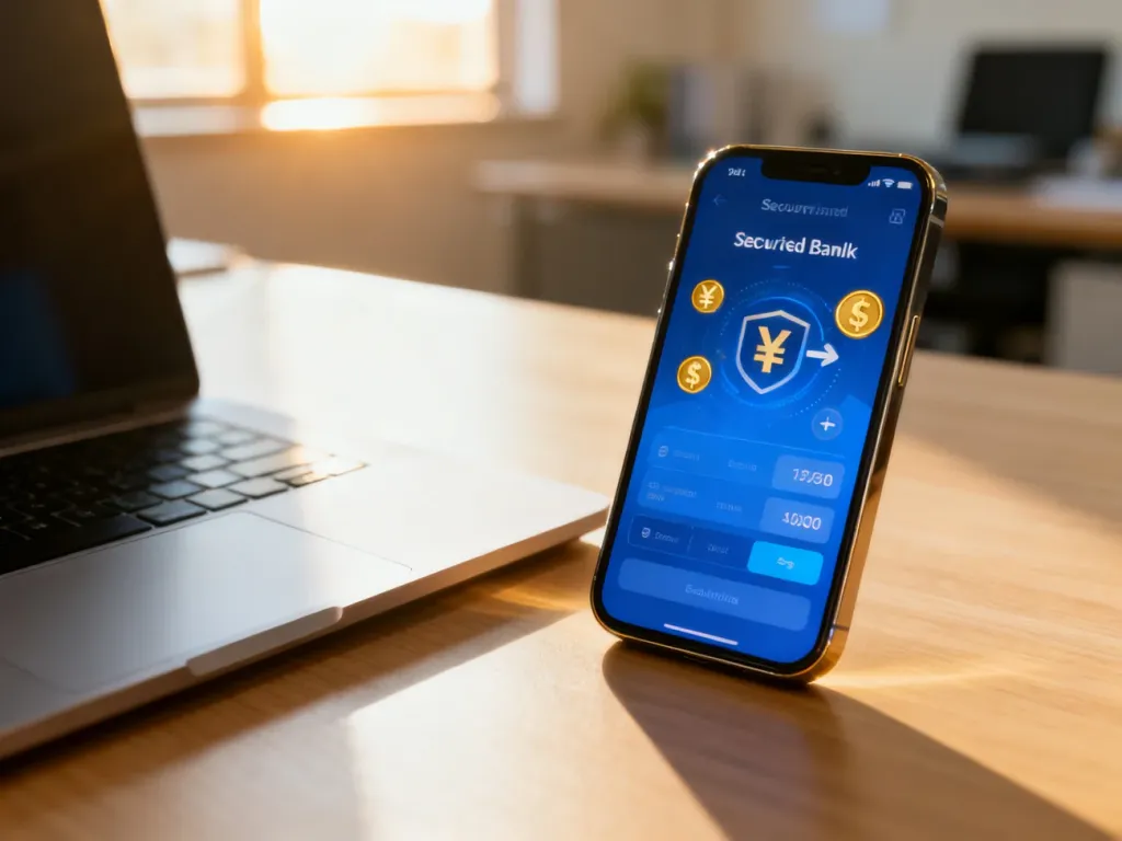 Smartfon z otwartą aplikacją bankową na drewnianym biurku, symbolizujący bezpieczną wymianę walut online.
