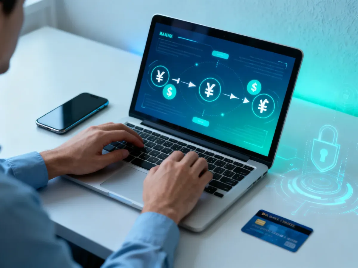 Osoba realizująca wymianę walut online na laptopie