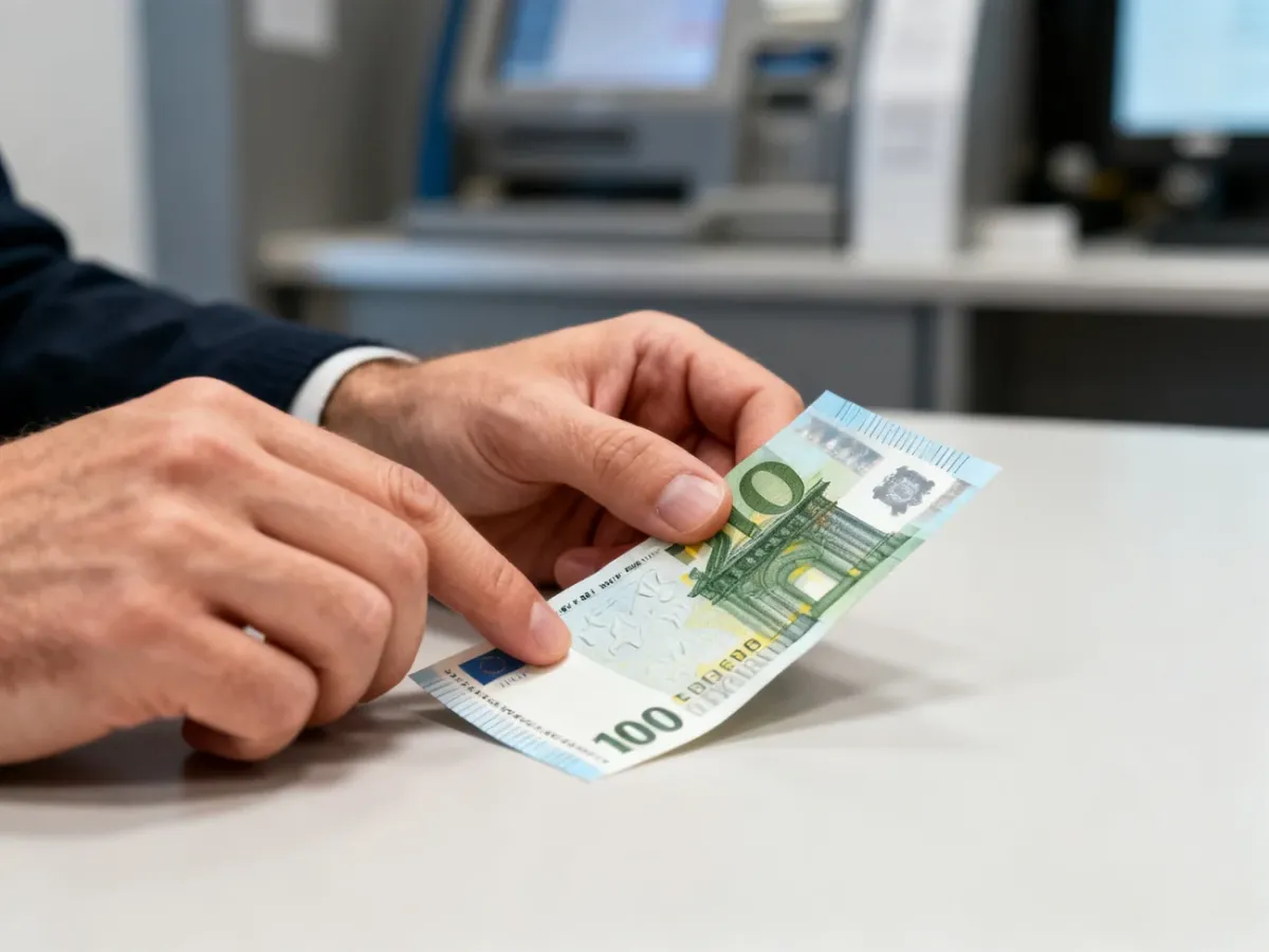 Dłonie sprawdzające autentyczność banknotu euro