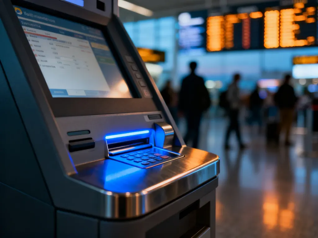 Nowoczesny bankomat na lotnisku z podświetlanym czytnikiem kart, gotowy do obsługi transakcji zagranicznych.
