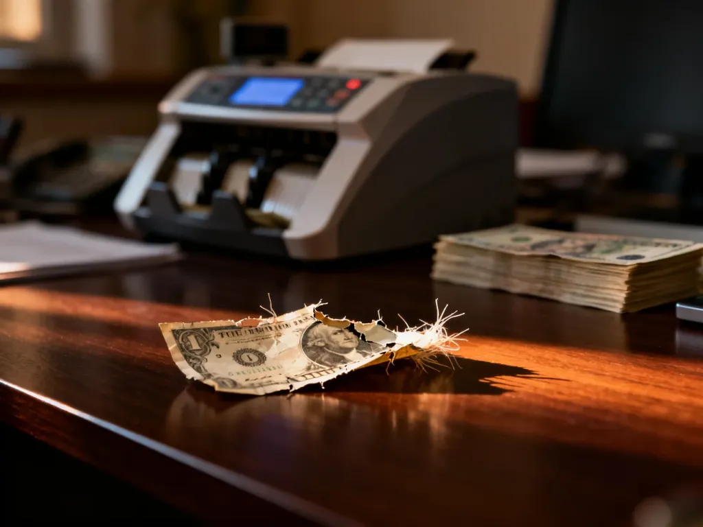 Zniszczony banknot leżący na biurku obok liczarki, ilustrujący uszkodzenia wykluczające pieniądze z obiegu w kantorach.