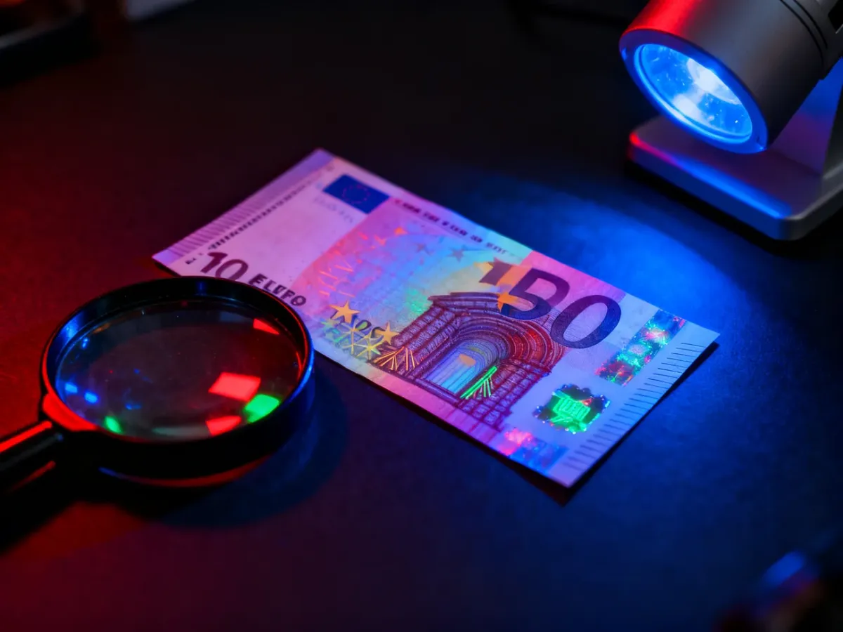 Banknot euro oglądany pod lampą UV i lupą