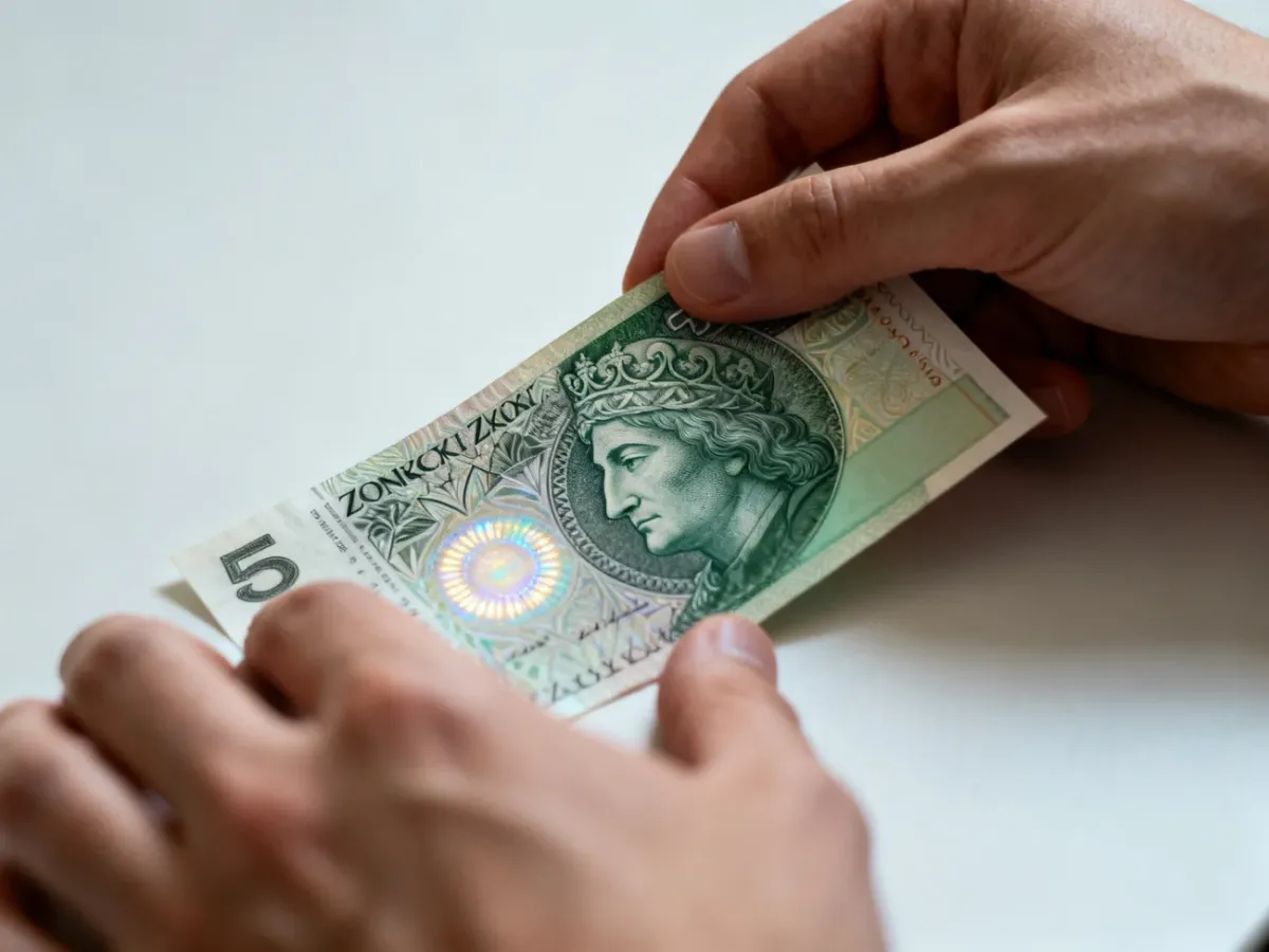 Osoba przechylająca banknot pod odpowiednim kątem w celu sprawdzenia efektu optycznego