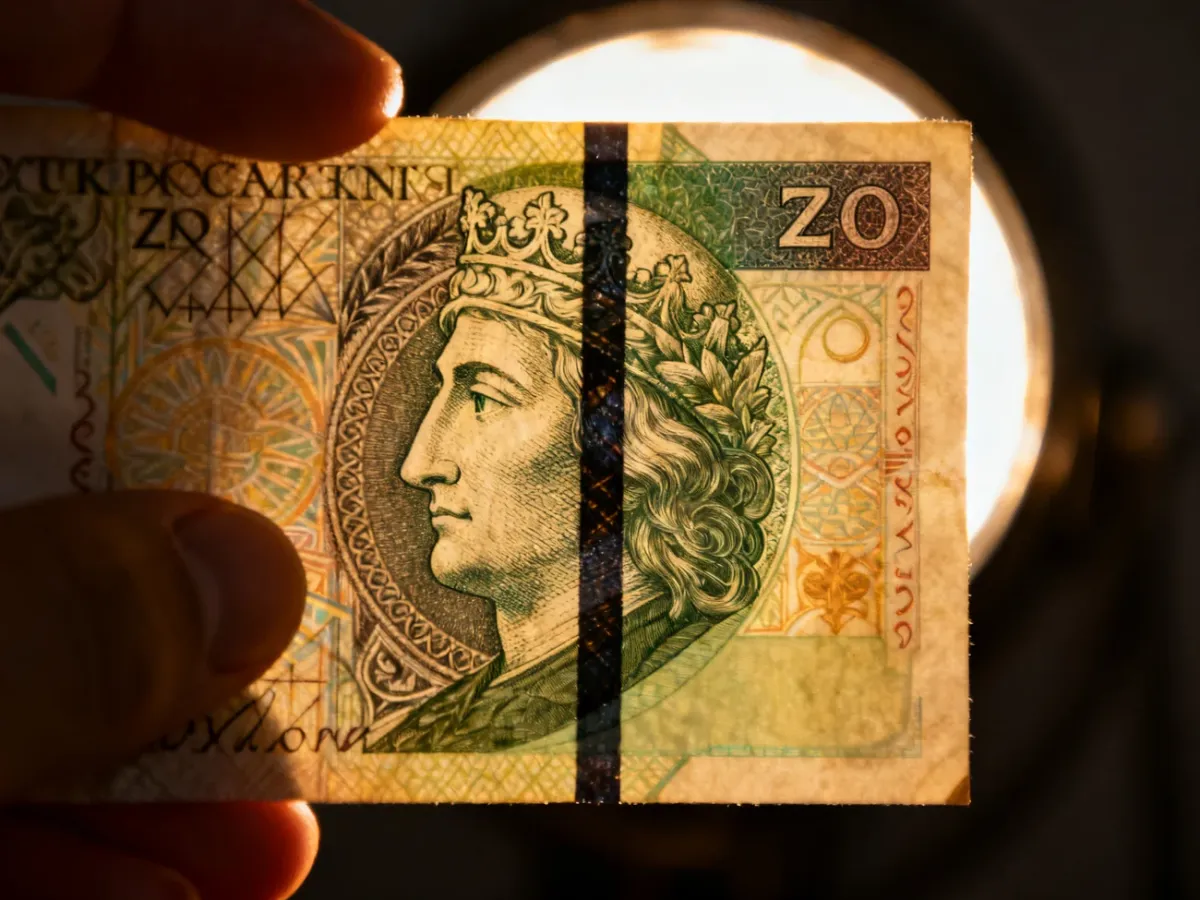 Banknot pod światło z widocznym znakiem wodnym i nitką zabezpieczającą