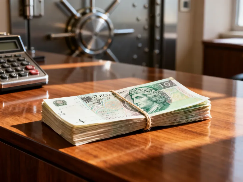Stos banknotów złotego przewiązanych sznurkiem na biurku, symbolizujący obrót gotówkowy w kontekście limitów prawnych.