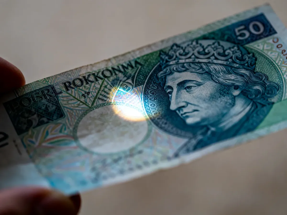 Zbliżenie banknotu obracanego w dłoniach podczas kontroli efektu kątowego