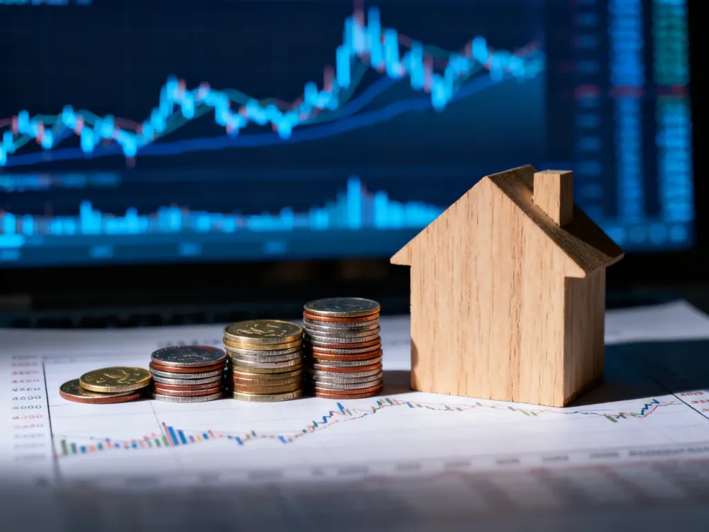 Model domu i monety na wykresie finansowym, symbolizujące wpływ kursów walut na spłatę kredytu hipotecznego.