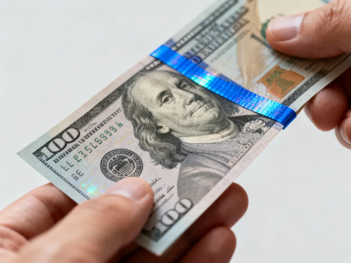 Banknot 100 dolarów przechylany w dłoni z widocznym niebieskim paskiem 3D