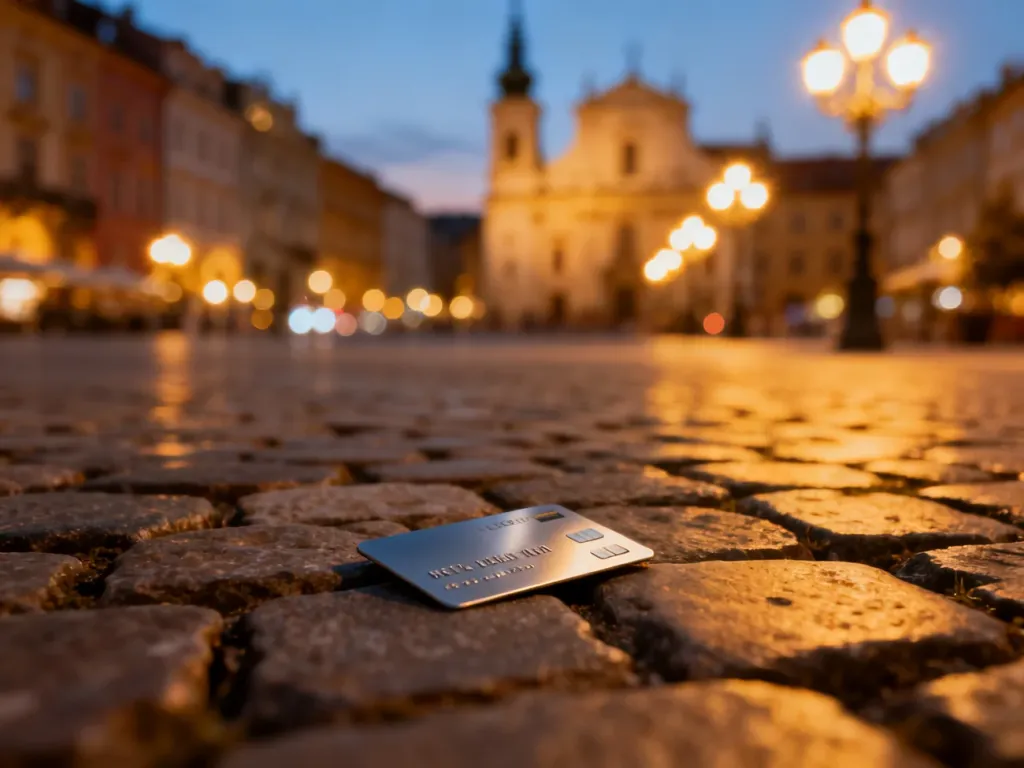 Karta płatnicza leżąca na brukowanej ulicy europejskiego miasta o zmierzchu, symbolizująca zagrożenie kradzieżą w podróży.