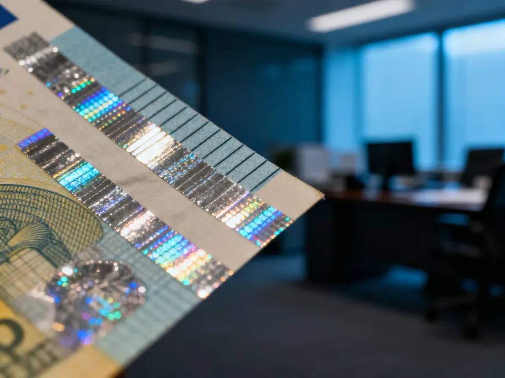 Zbliżenie na hologramy i zabezpieczenia banknotu euro, ukazujące detale folii metalicznej oraz znak wodny.